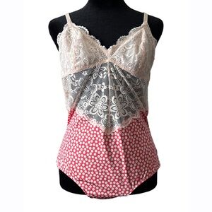 aerie Womens Large Pink Lace‎ & Polka Dot Bodysuit Lingerie NEW